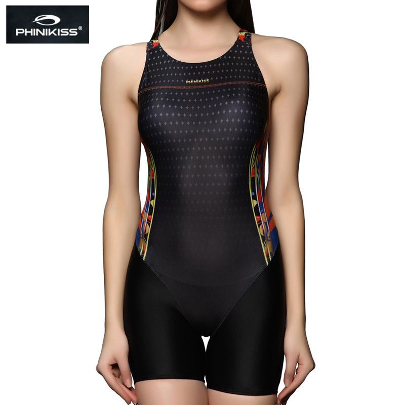 PHINIKISS Knee Length Bodysuit Women Sport Swimsuit One Piece Bathing Suit 