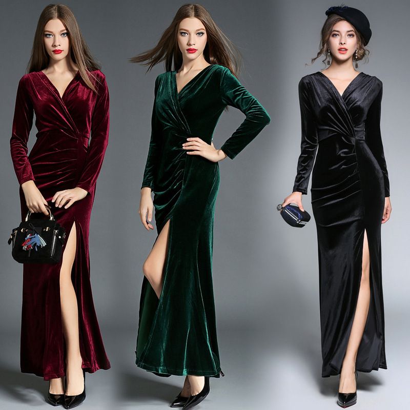 Vestido Curto Para Festa Veludo Longo Vinho Vermelho Vestidos De Noite Barato Prom Vestido De Venda Quente Sexy Decote Em V Dividir Elegante Turquesa Vestidos De Noite À Noite Formal Vestidos De