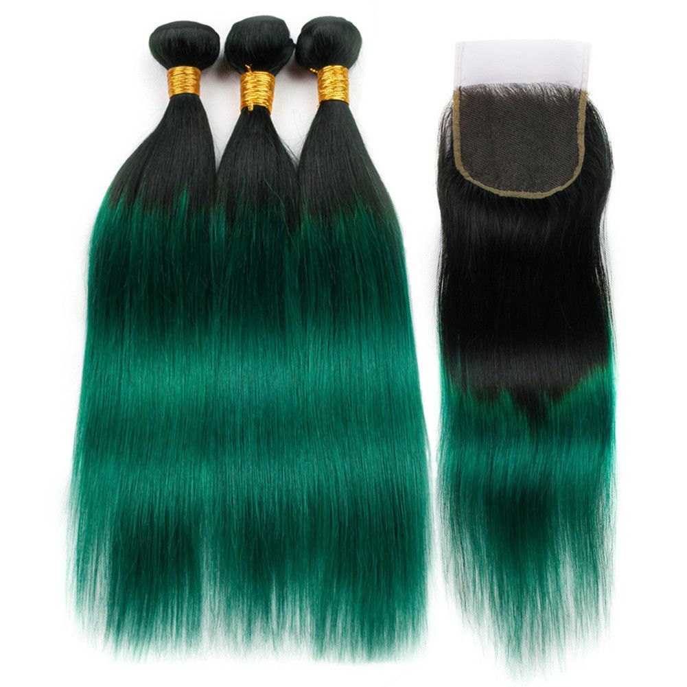1b Green Ombre Straight Indian Human Hair 3bundles With Closure