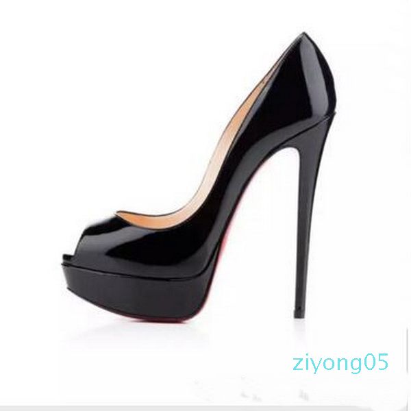 black patent leather peep toe heels