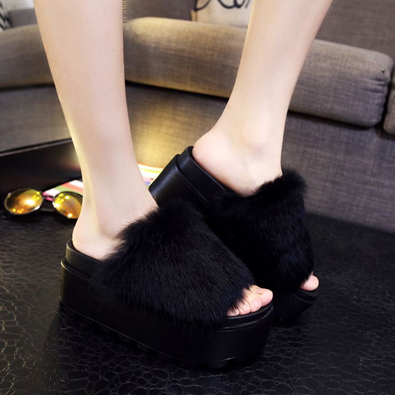 Fluffy Ladies Fashion Slipper Faux Fur Platform Slingback Slides Indoor Shoes | KAIGEN SHOES