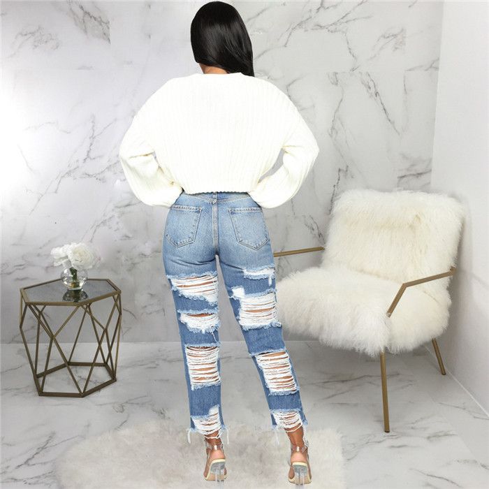 Compra Pantalones Rotos Moda Para Mujer Ligero Lavados Vaqueros Del Agujero  De Verano Diseñador Recto Azul Claro Pantalones De Cintura Alta Hembras  Atractivas Barato | Entrega Rápida Y Calidad | Es.Dhgate