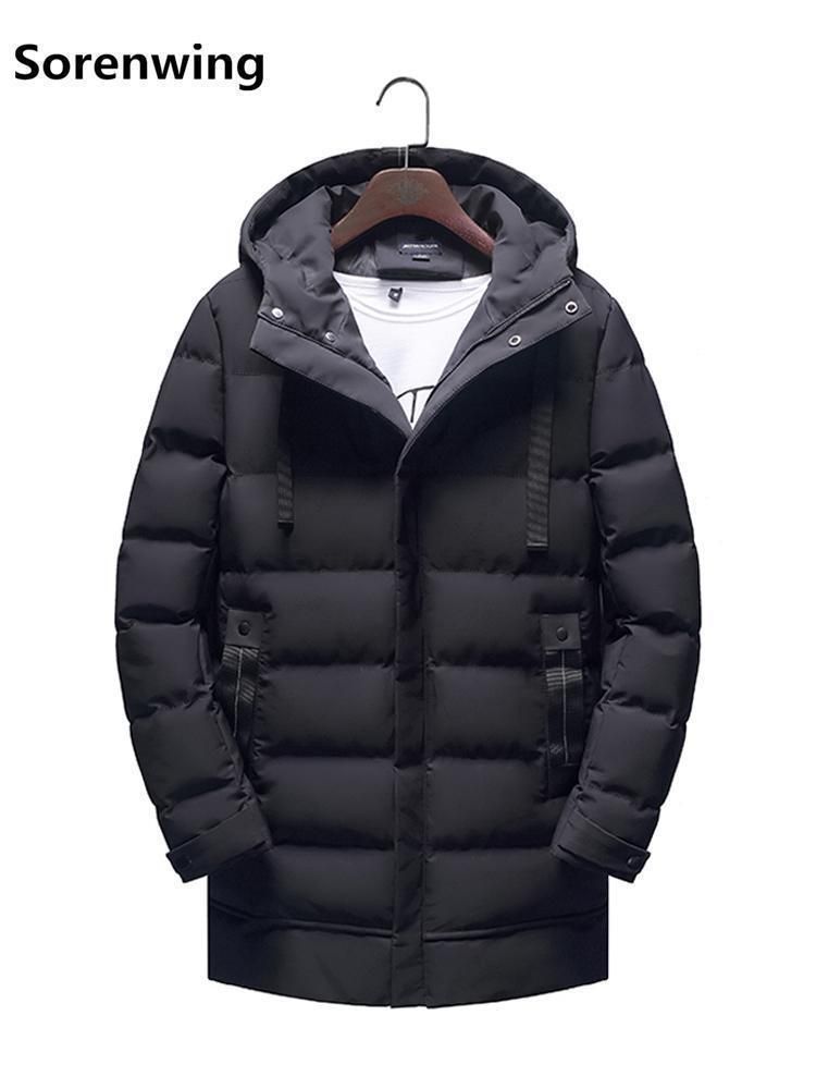 Winter Mens Parkas Coat Male Slim Fit Thick Fleece Parka Jacket Solid Color Long Hooded Outerwear