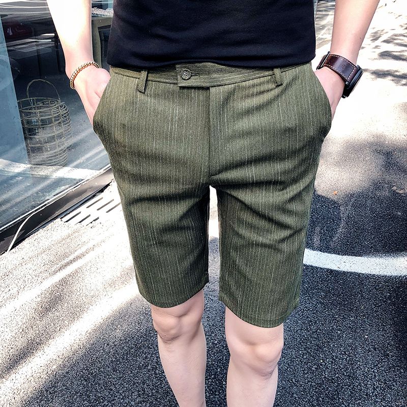 Pantalones cortos vestir para hombre traje verde Pantalones Calca Masculina Social Slim Fit a rayas