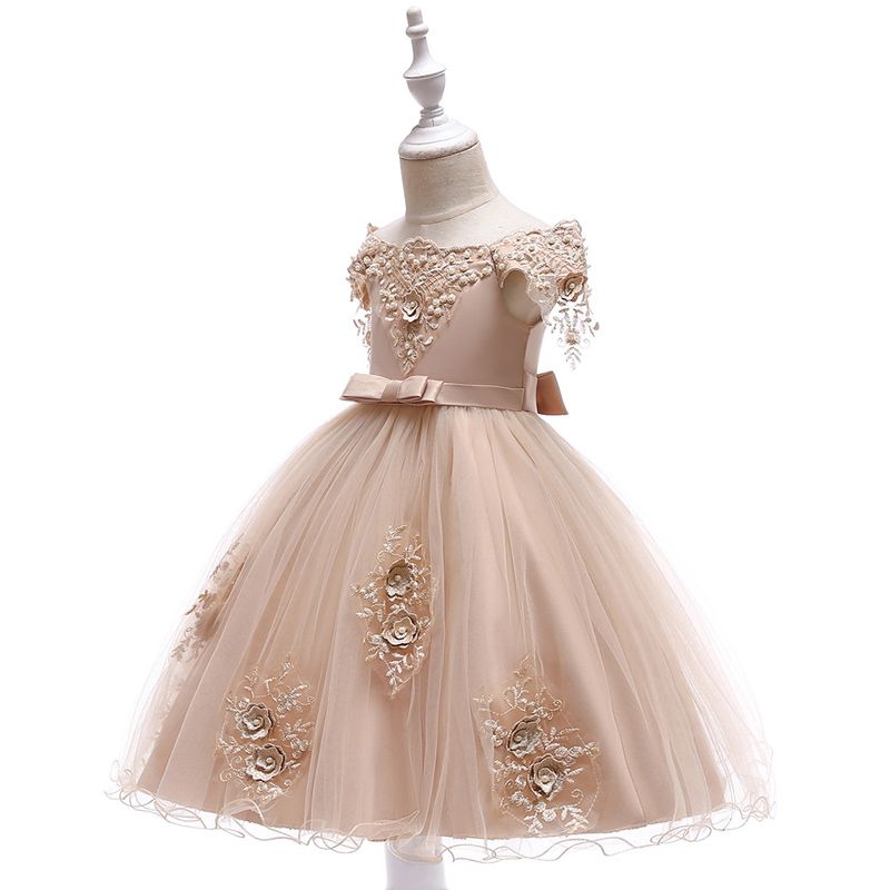 Floral Lace Dress Girls Kids Square Collar Summer Mesh Princess Dresses