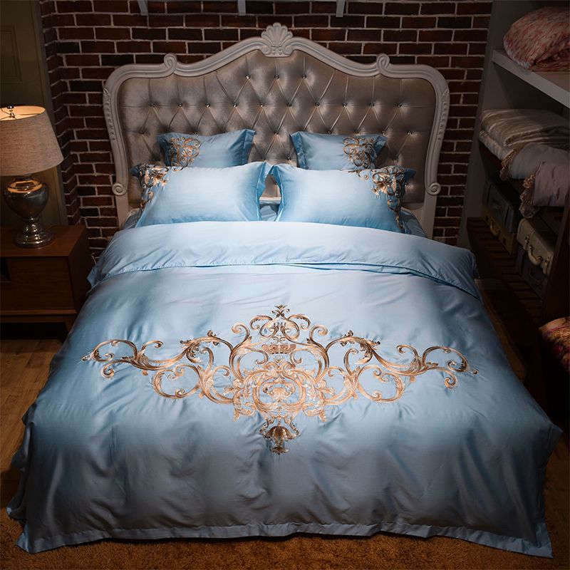Summer Cool Smooth Silk Bedding Sets 4 Pastel Blue Duvet Cover Set Gold Embroidered Quilt Covers Pillow Case King Size T200615 Queen Duvet Cover Sets Brown Bedding Sets From Xue10 139 12 Dhgate Com