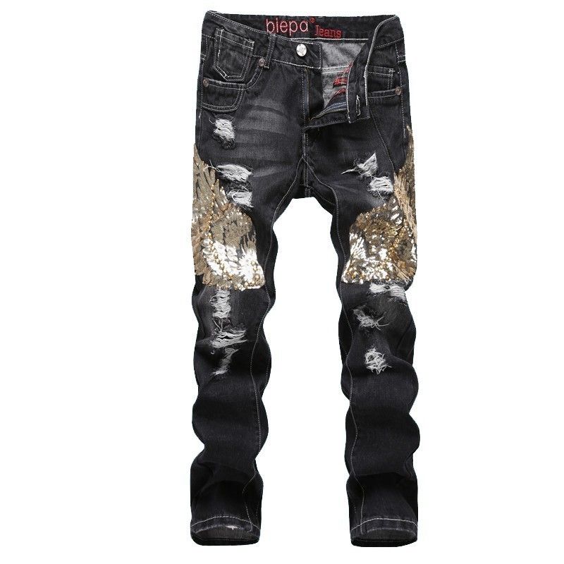 Wing Sequin Decoration Jeans Four 