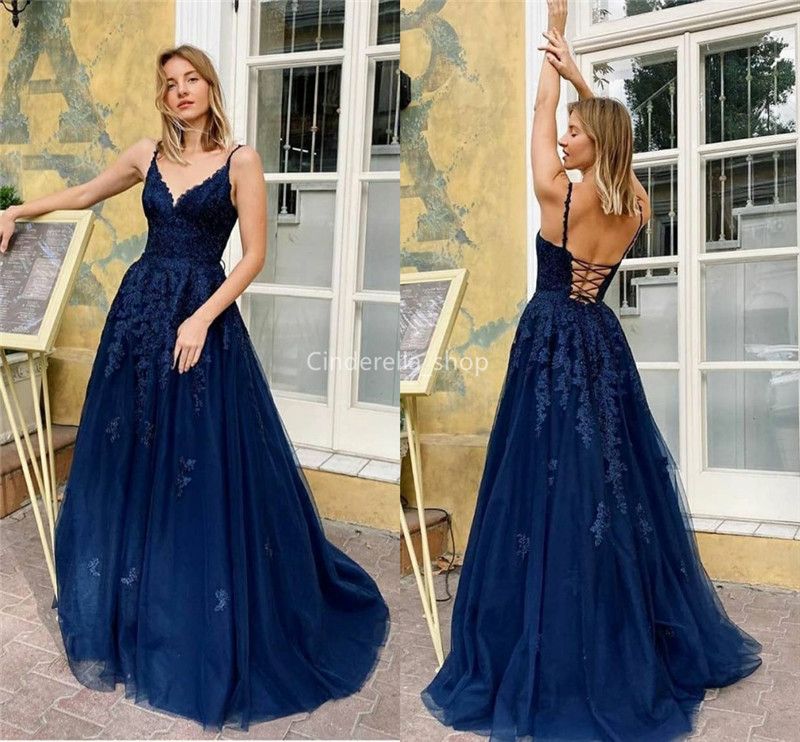dark blue lace prom dress