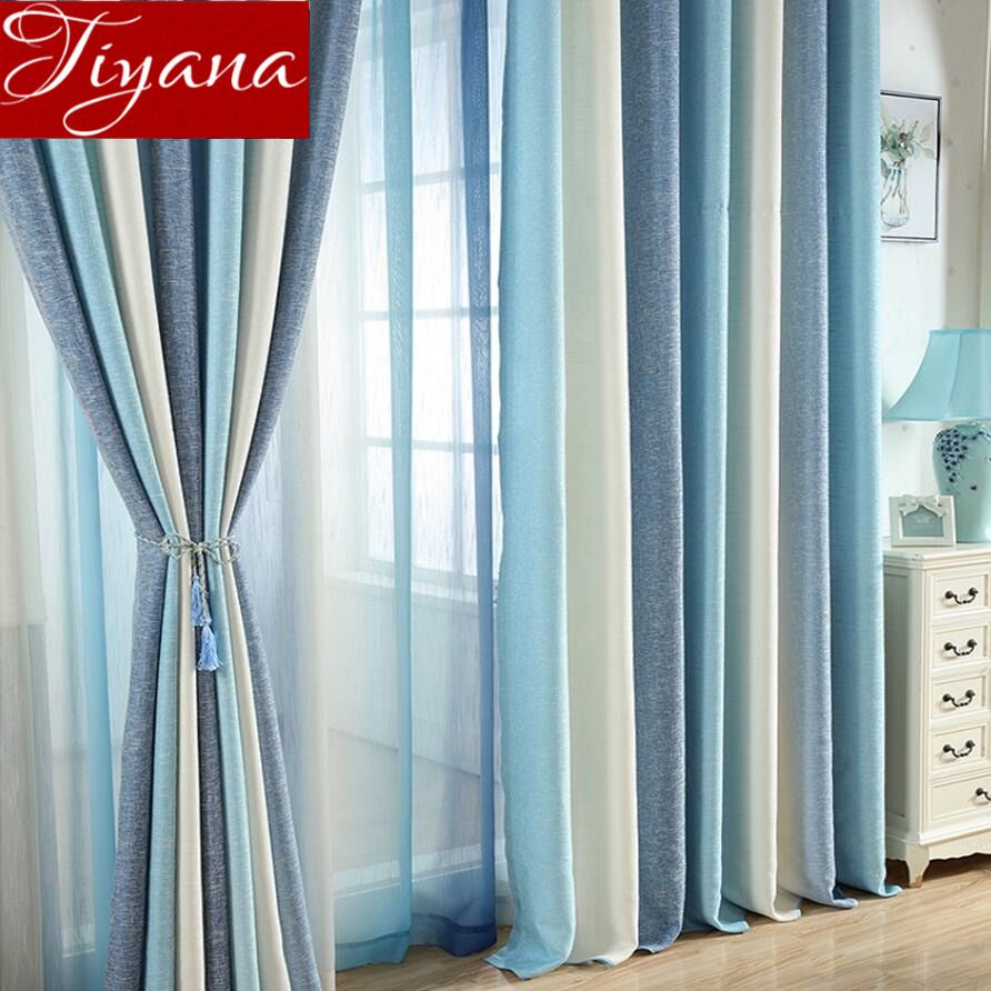 compre cortina azul para sala de estar cortina a rayas solida para ventana dormitorio tela transparente cortinas beige tratamiento de sombra de lino a