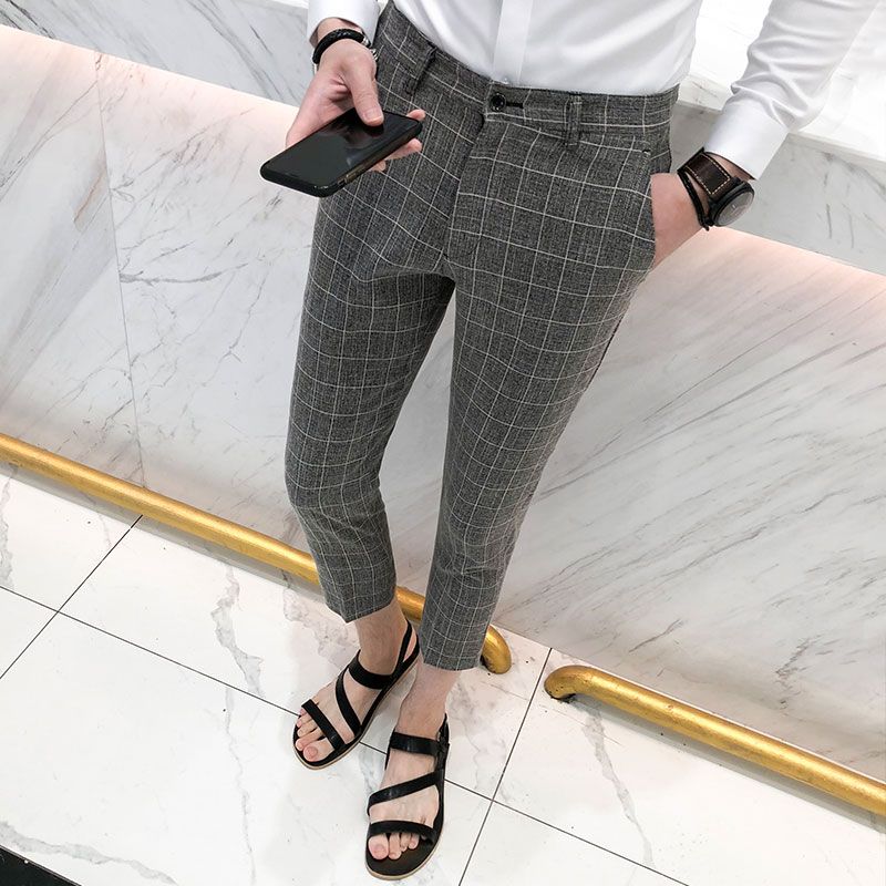 mens casual street plaid cropped pants