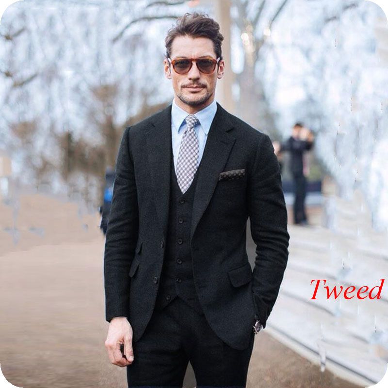 Acheter Noir Tweed Hommes Costumes Dhiver Harringbone Marié Smokings Regular Fit Hommes Blazers Prom Wear 3 Pièce Veste Pantalon Gilet Costume Homme