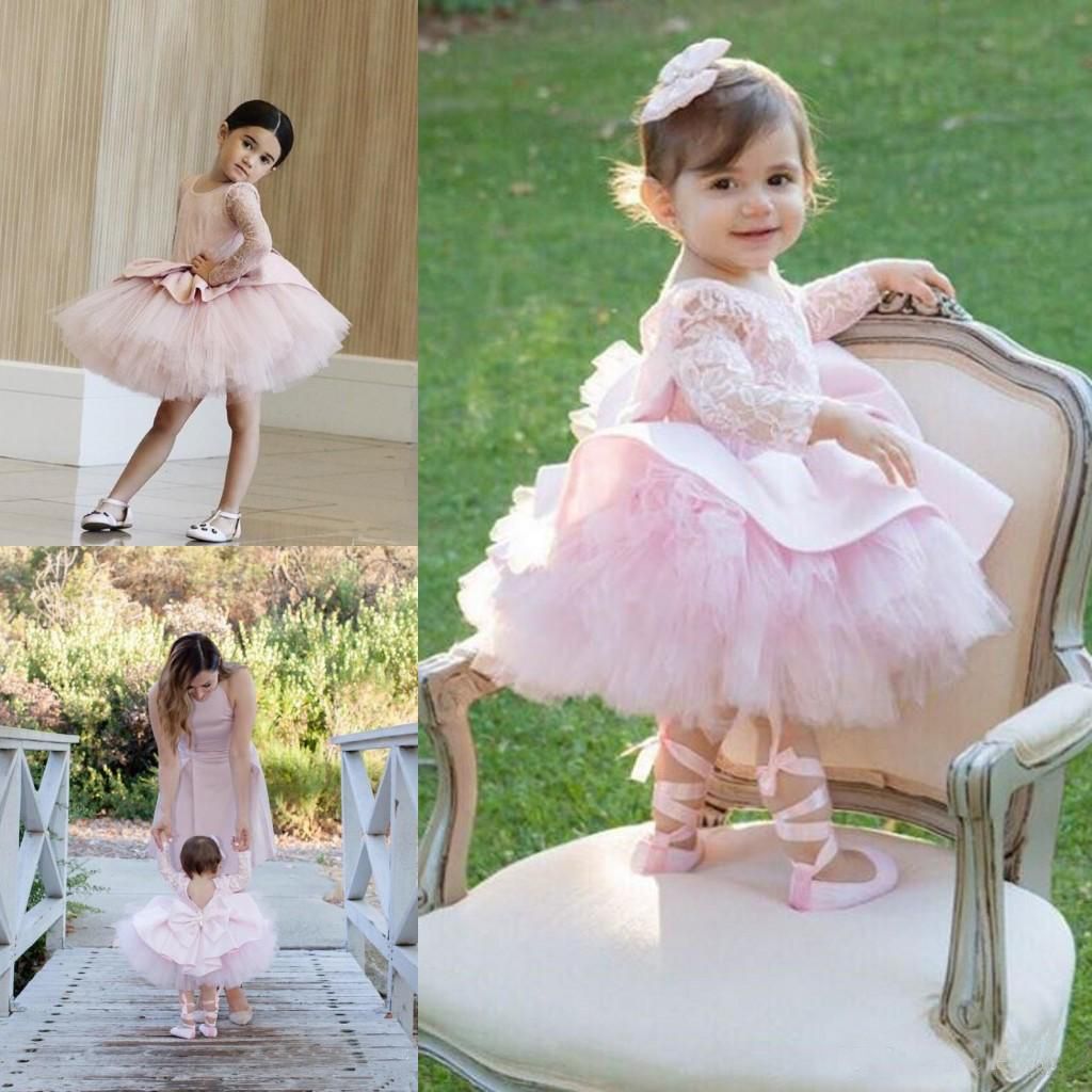 Pink Tulle Cupcake Toddler Flower Girl Dresses Lace Long Sleeves Kids