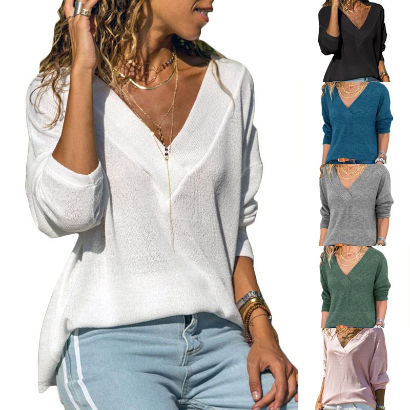 ❤️Womens V Neck Knit Long Sleeve Top Blouse Ladies Casual Loose Pullover Sweater