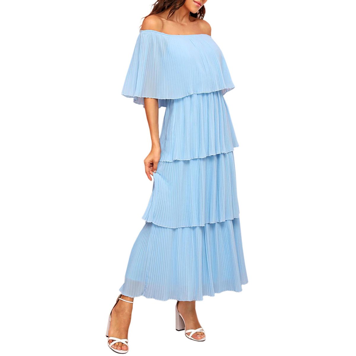 Light Sky Blue Summer Women Dresses Off Shoulder Tiered Pleats Long ...