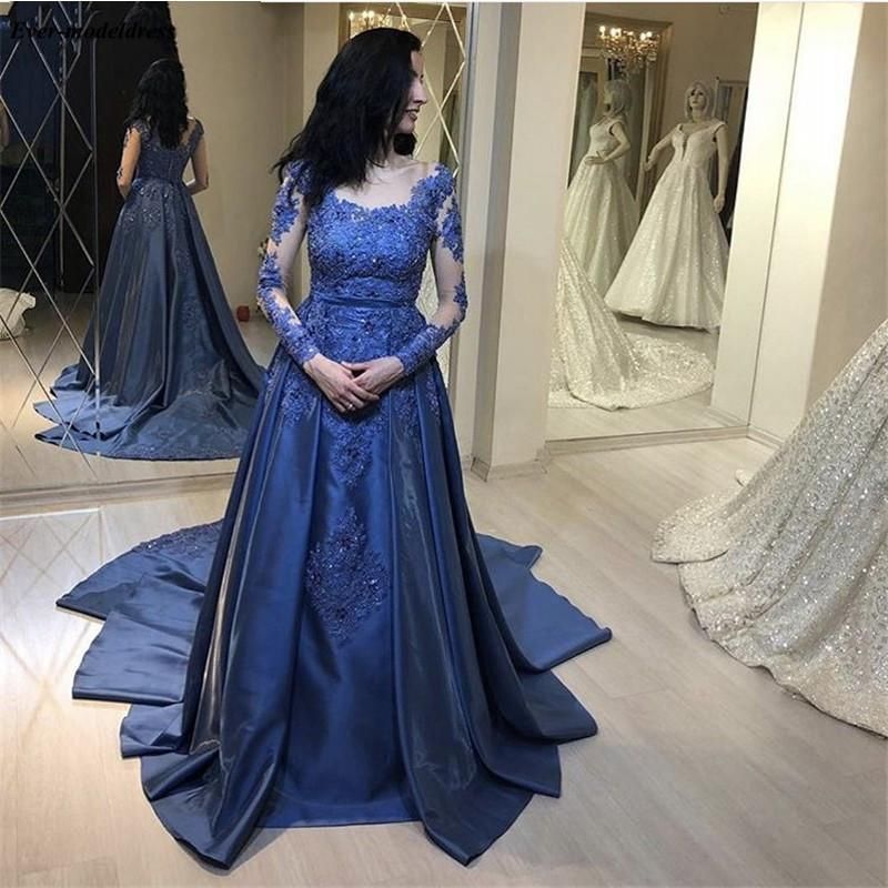 Cheap Prom Dresses Royal Blue Long Sleeves Evening Dresses Scoop