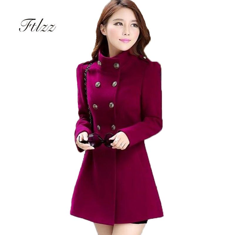 Mezclas de lana mujer 2021 Meidum largo Mujer manga delgada Ejército doble