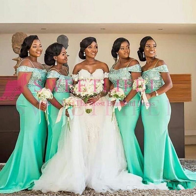 New Mint Green African Off The Shoulder Mermaid Bridesmaids Dresses Floor Length Sleeveless Sexy Black Girl Wedding Guest Prom Dress From One Stopos 16 Dhgate Com