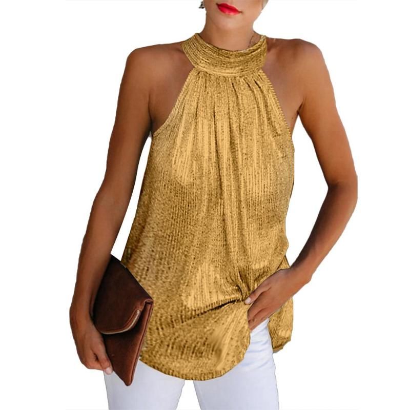 2020 2020 Fashion Women Solid Color Sleeveless Mock Neck Shiny Halter T Shirt Tank Blouse Mock ...