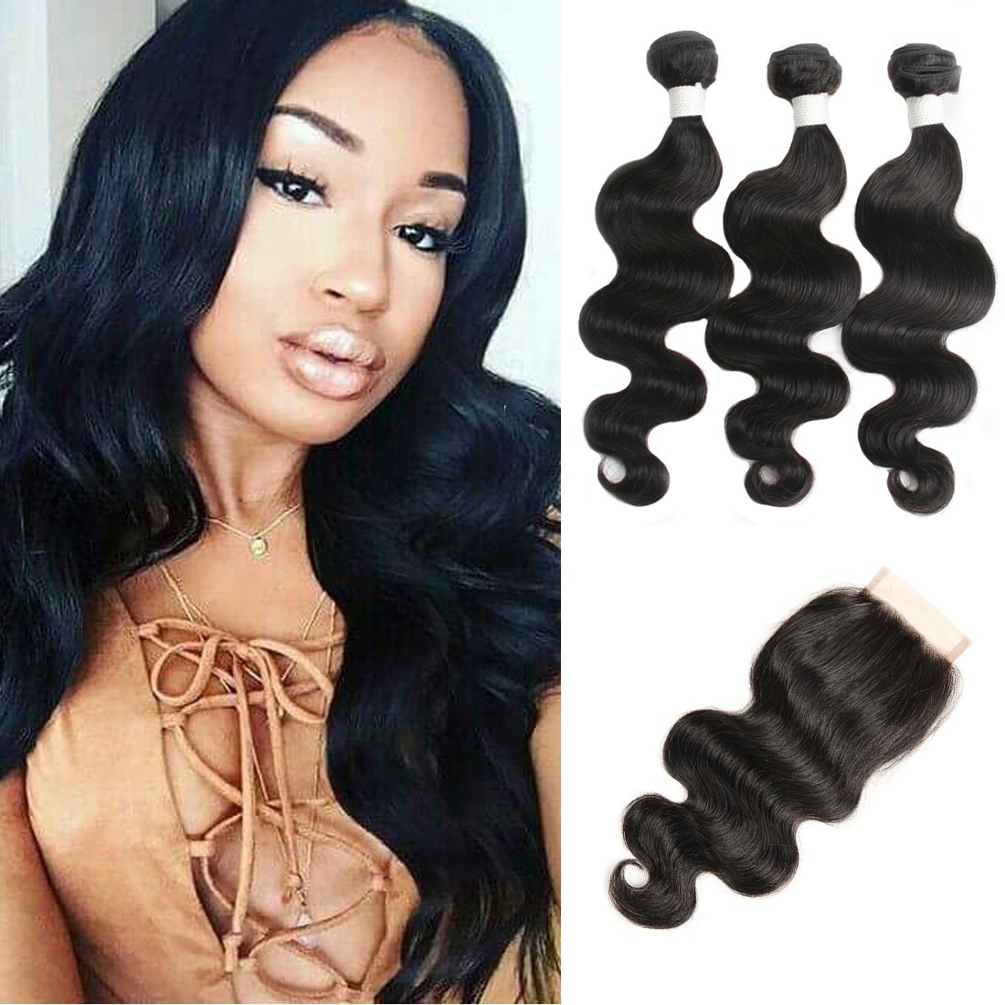 Dressmaker Body Wave Hair 4x4 Free Part Lace Closure With Bundles