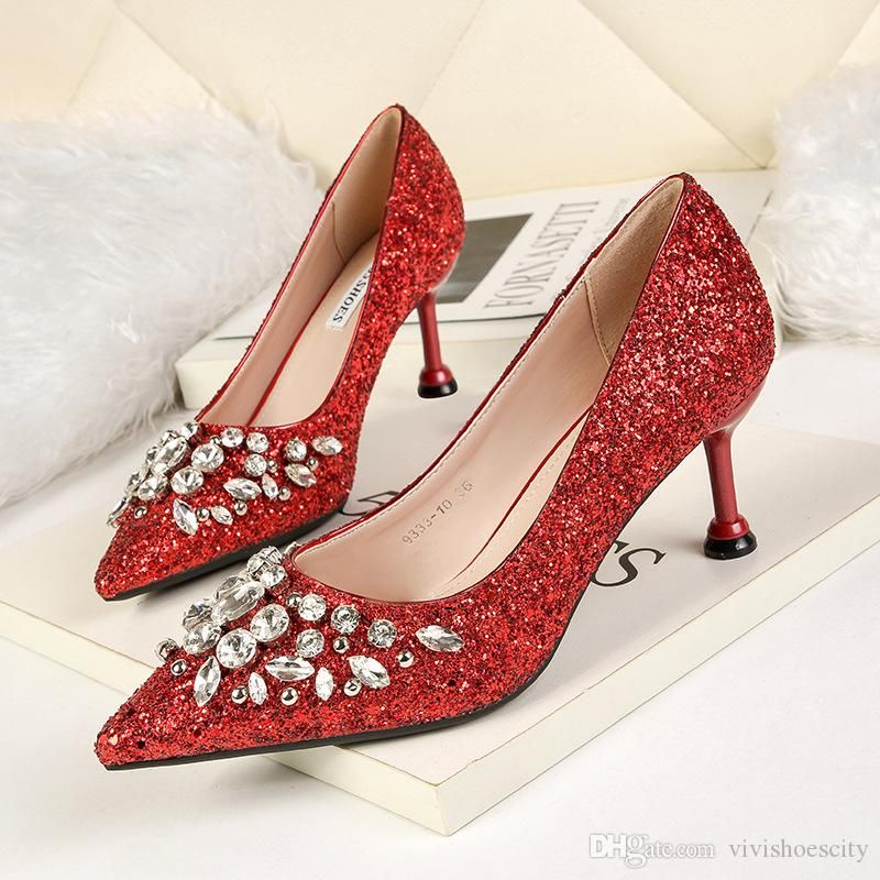 2020 Luxury Sequined Crystal Shoes Red Gold Silver Wedding Shoes