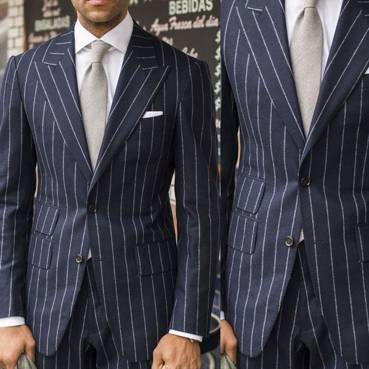 Pinstripe Mens Wedding Suits Two Button Peaked Lapel Groom Formal Wear