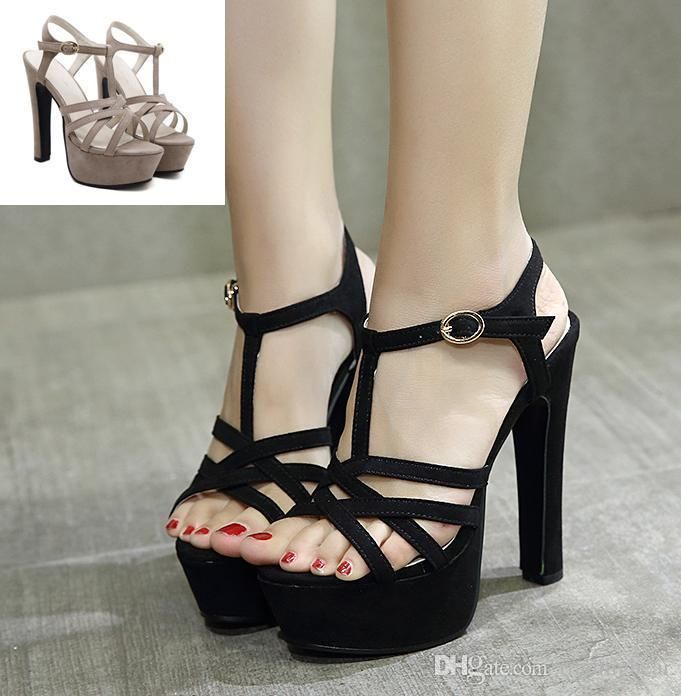 Charm2019 Comfortable Black T Strap Thick High Heel Gladiator