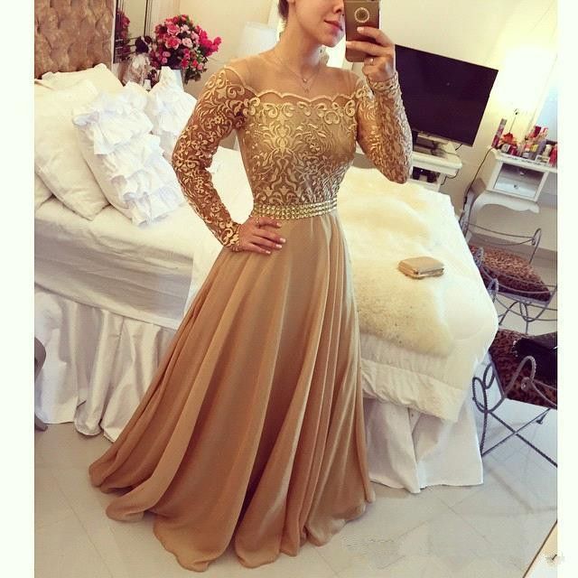Compra Vestido Dorado Con Hombros Descubiertos 2019 Mangas Largas Gasa Una  Línea Vestido De Encaje De Fiesta Formal De Fiesta De Baile De Fin De Curso  Formal Barato | Entrega Rápida Y