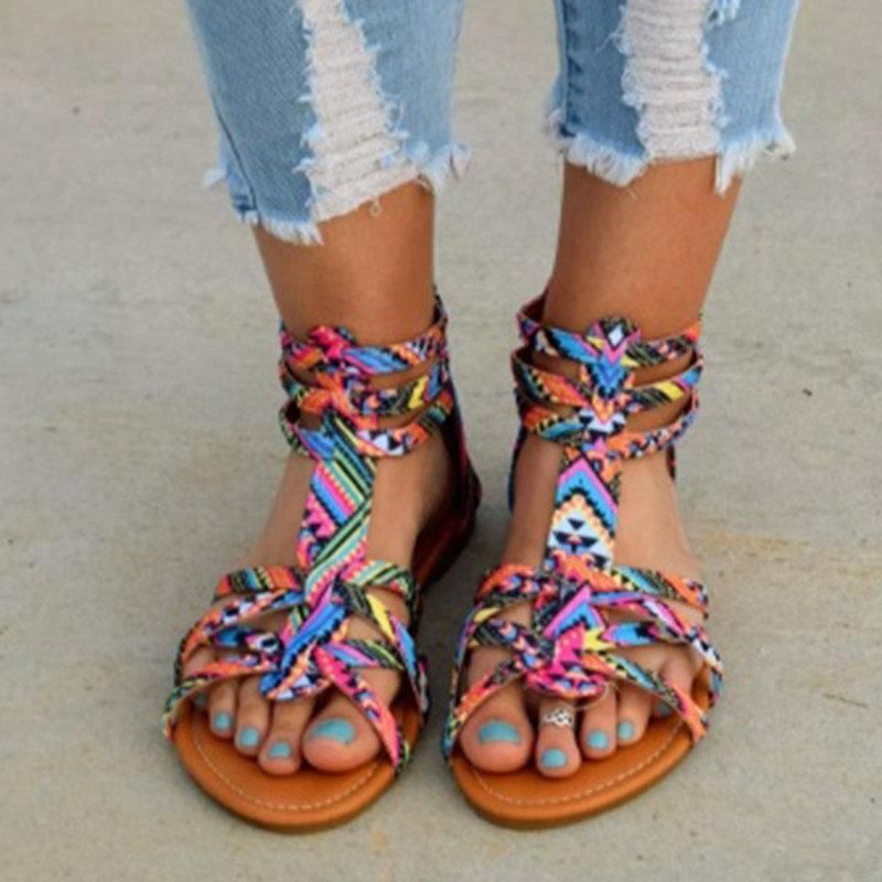 Summer Women Boho Bohemian Beach Ethnic Flat Ankle Strap Sandals Shoes Plus Size