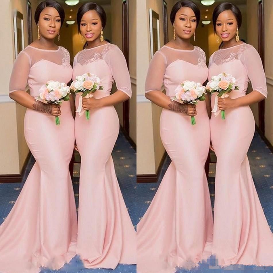 Blush African Mermaid Bridesmaid Dresses With Sleeve 2019 Sheer Lace Neck Plus Size Maid Honor Wedding Guest Gown From Alegant_lady, $88.72 | DHgate.Com