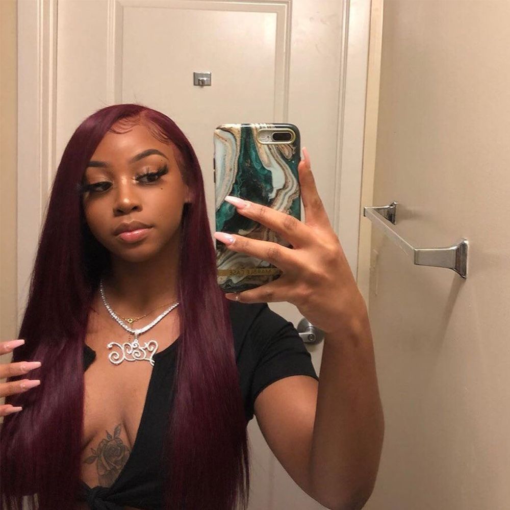 Burgundy Colored Human Hair Wigs Pre Plucked Remy Peruvian Hair 99J Straight  Lace Front Wig For