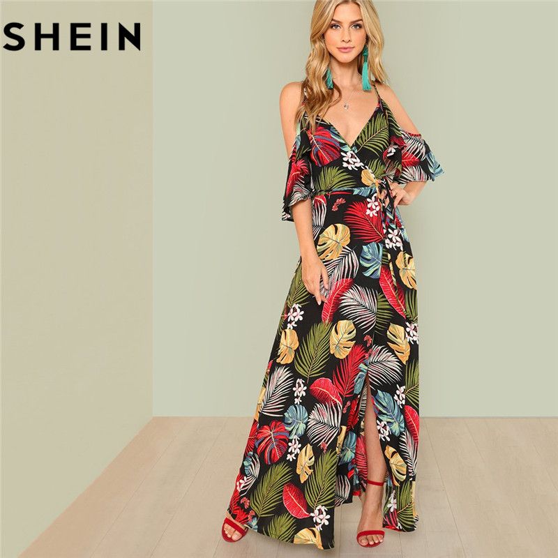 Compra SHEIN Verano Boho Estampado Floral Sexy Cuello En V Profundo Hombro  Abierto Vestido Maxi Mujeres Playa Vacaciones De Cintura Alta Surplice Wrap  Barato | Entrega Rápida Y Calidad | Es.Dhgate