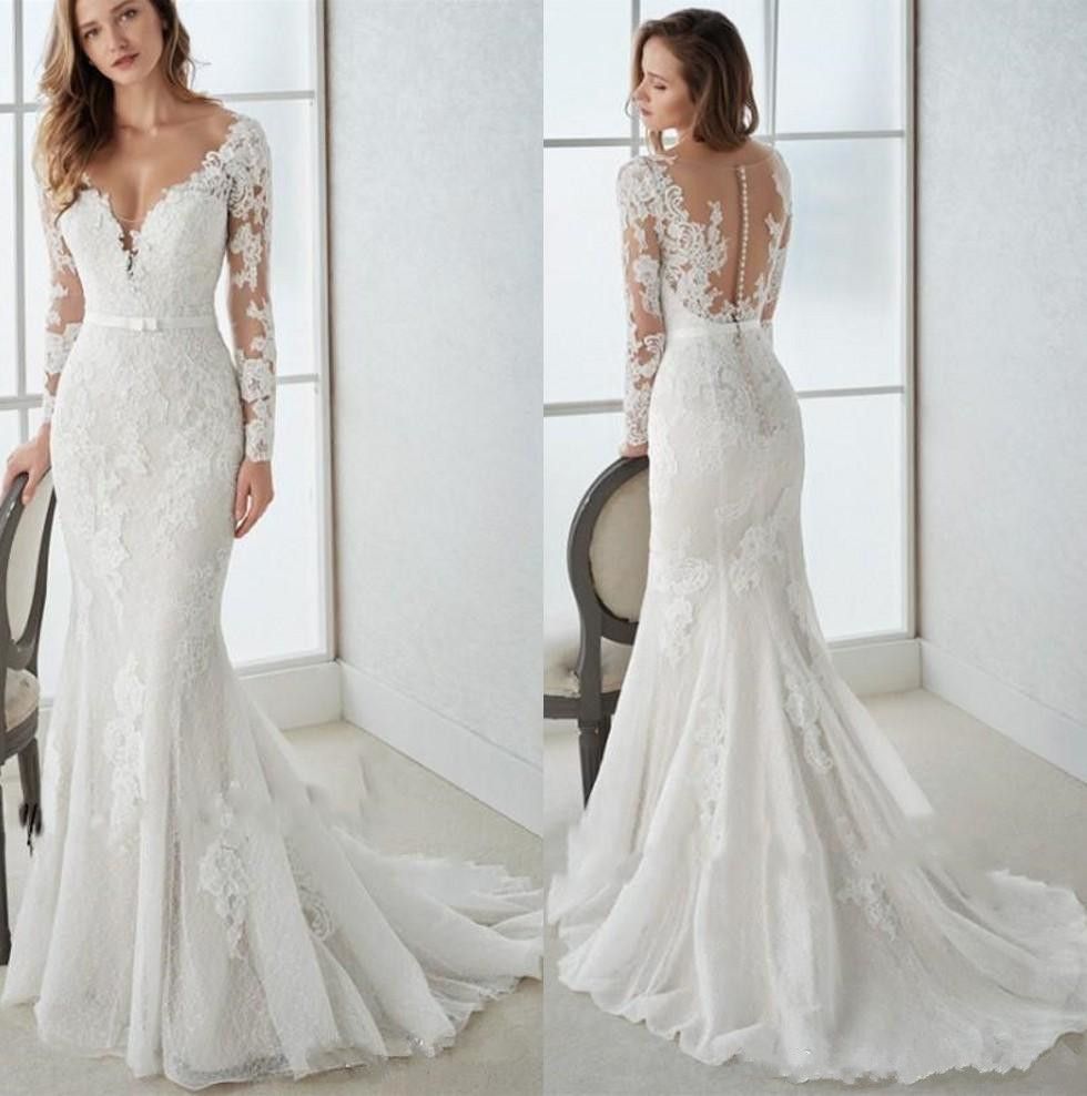 Elegant Lace Mermaid Wedding Dresses V Neck Sheer Long