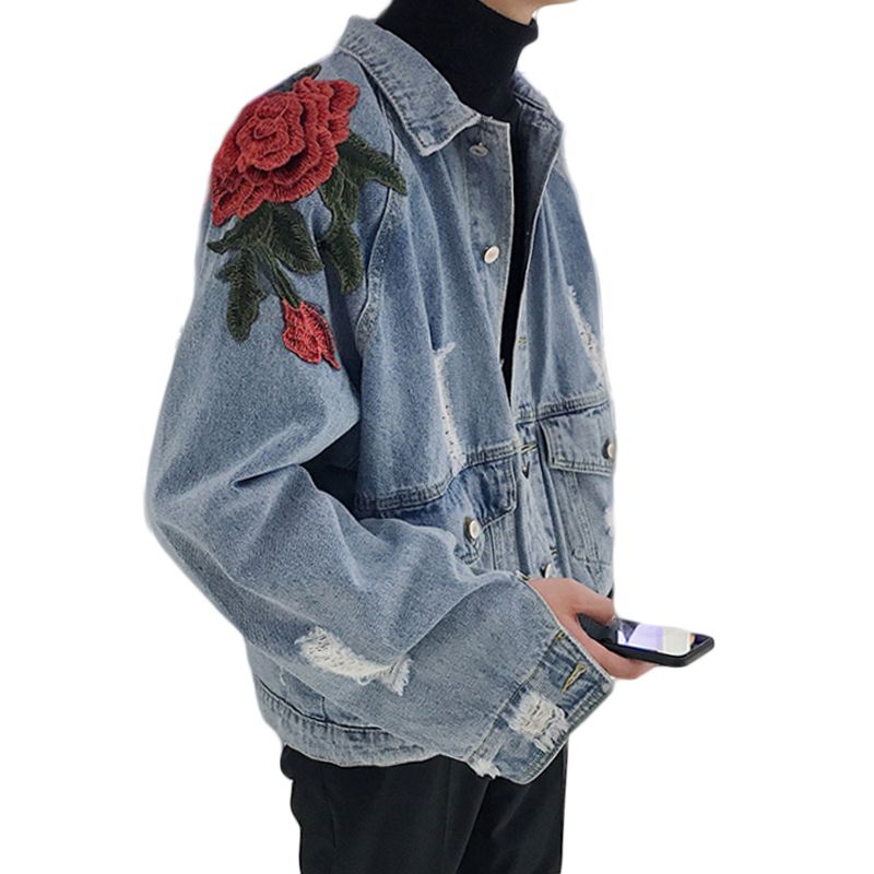 denim jacket rose embroidery