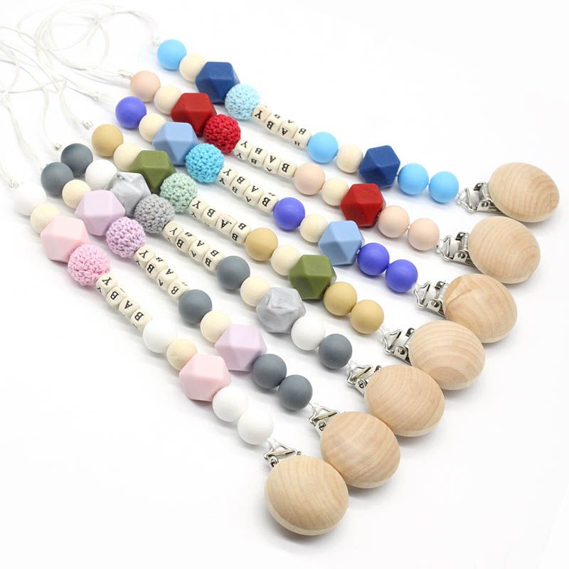 Product Wooden Baby Pacifier Chain Soother Holder Dummy Clasps Silicone Beads