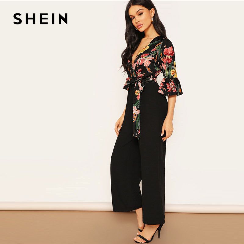 Compra Comercio Al Por Mayor Señora Elegante Estampado Floral Wrap Blusa  Pierna Ancha Mono Primavera Profundo V Cuello Nudo Hem Volar Manga Workwear  Jumpsuits Barato | Entrega Rápida Y Calidad | Es.Dhgate