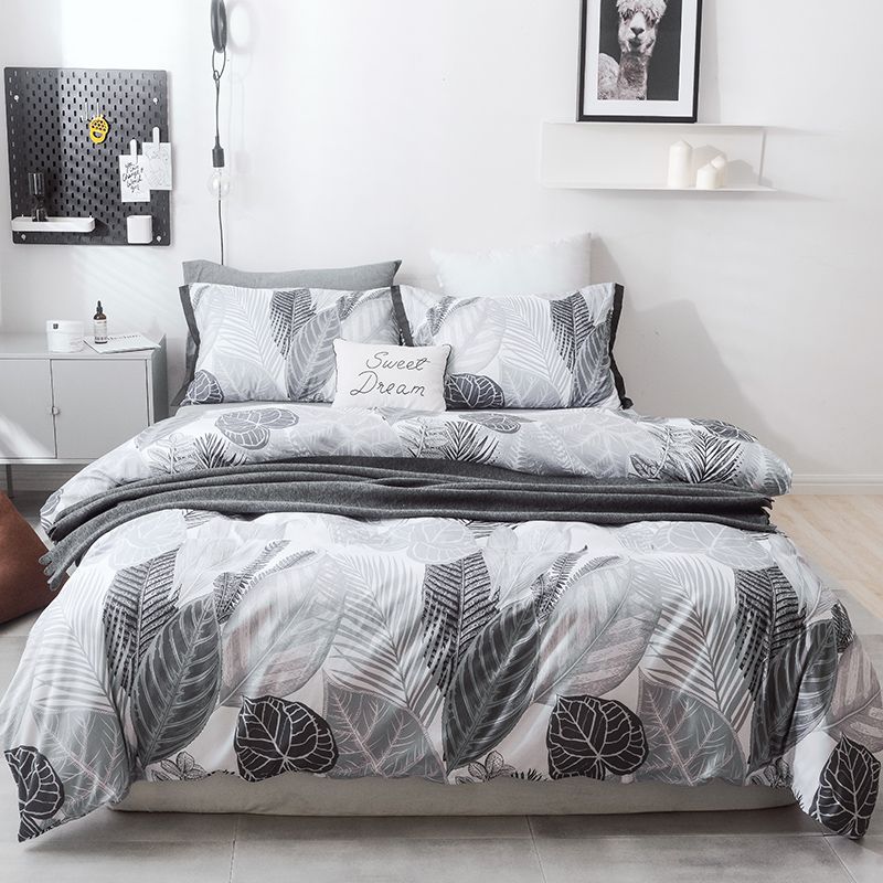 Gray Leaf Pattern Bedding Set 3 Single Double Quen King Size Flat