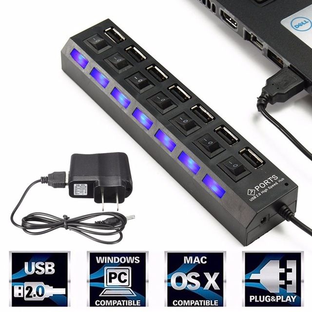 7 Port USB 2.0 Black High Speed Hub Splitter Cable High Speed For PC Laptop Mac
