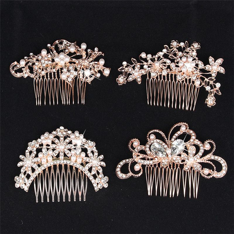 Rose Gold Pearl Hair Comb Crystal Flower Butterfly Hair Combs for Women  Wedding Party Jewelry Rhinestone