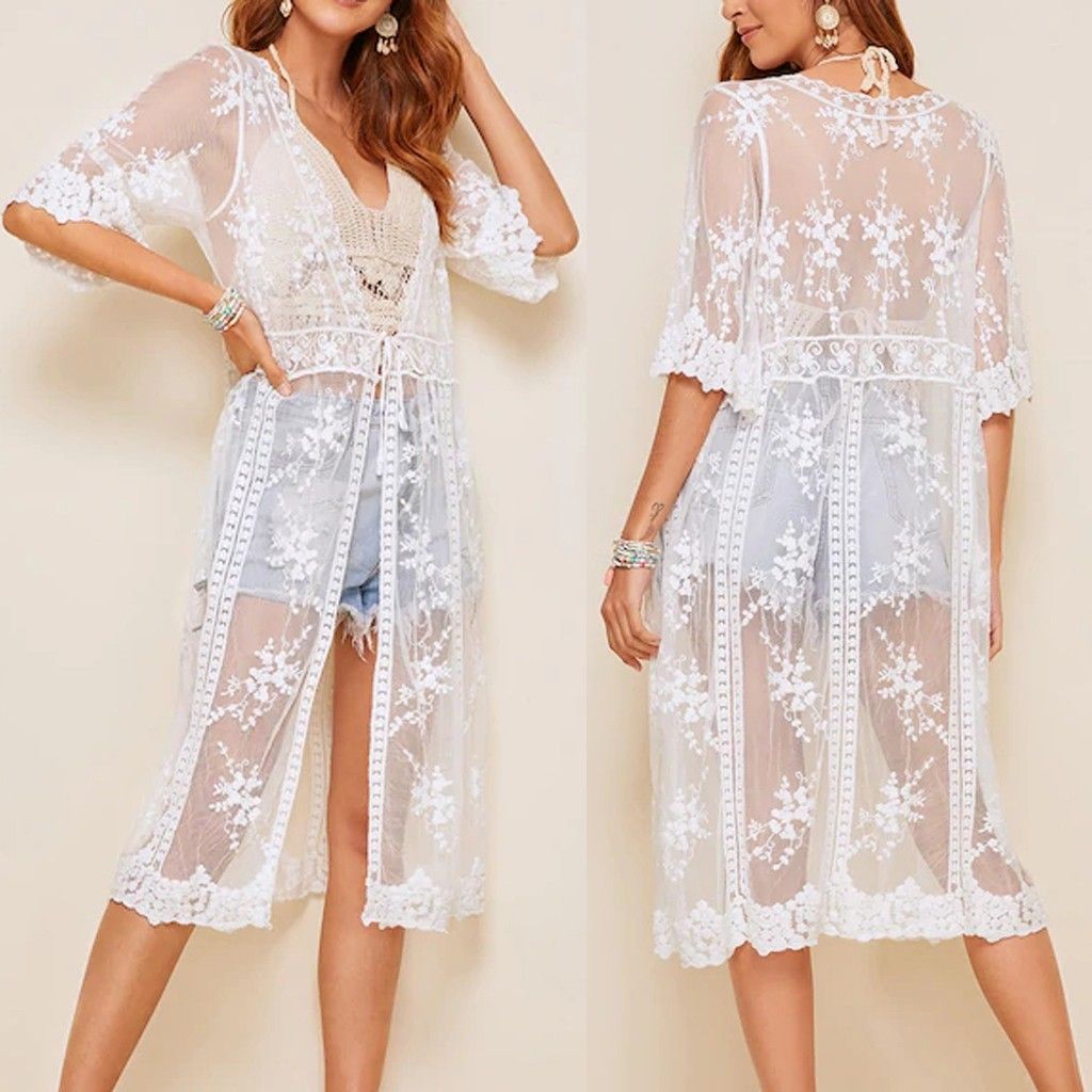 Fashion Summer Jackets Women Sexy V Neck Lace Cardigan Half Sleeve