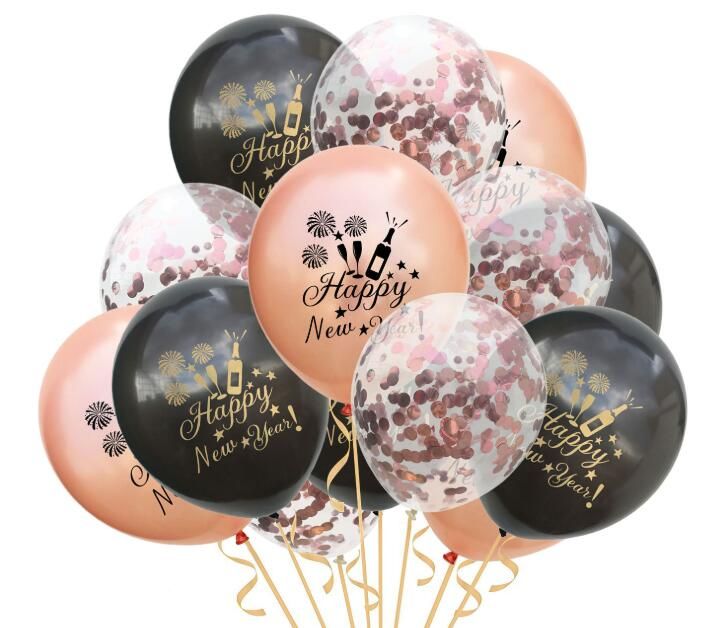 Happy New Year Balloon Set Rose Gold Black Silver Latex Balloon