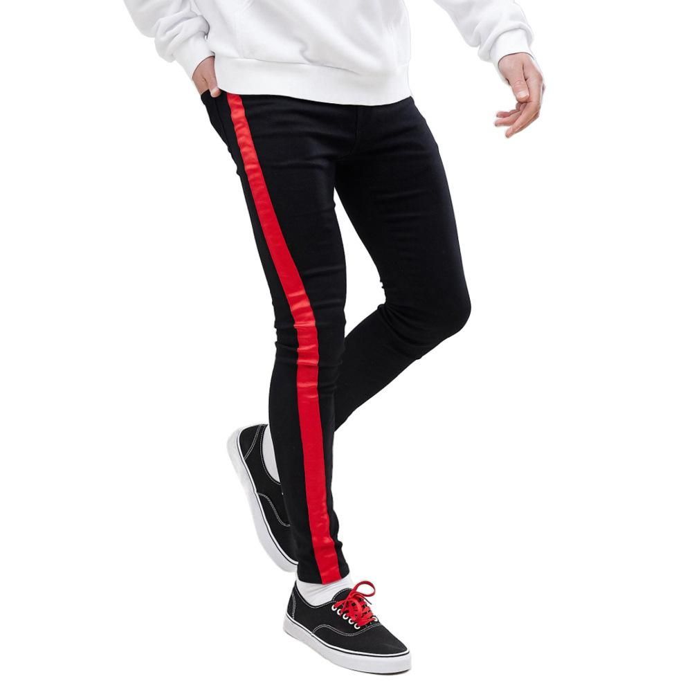 black pants with red and white stripe down side