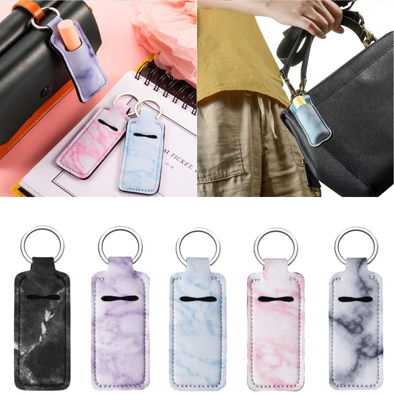 Portable Lipstick Holders Lip Cover Neoprene Keychain Marble Printed