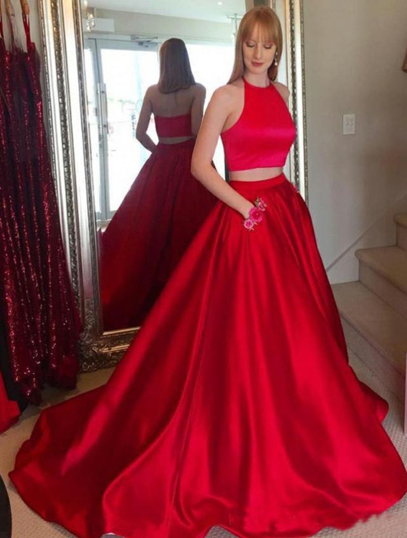 red satin prom dress with pockets