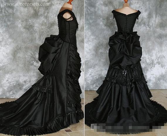 Abito da trambusto vittoriano gotico in rilievo taffettà con treno Vampiro Ball Masquerade Halloween Black Dress da sposa Steampunk Goth XIX secolo