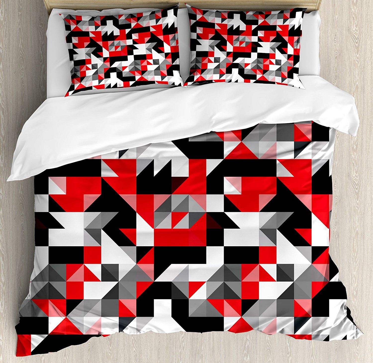 Red And Black Duvet Cover Set Abstract Geometric Half Triangles