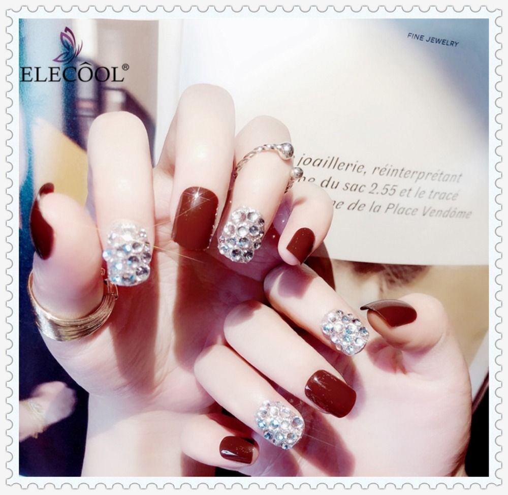 False Nails ELECOOL 2021 Red With Diamond Shiny Nail Art Design Artificial  Fake Press On Short Natural Tip From Heheda2, $0.08 | DHgate.Com
