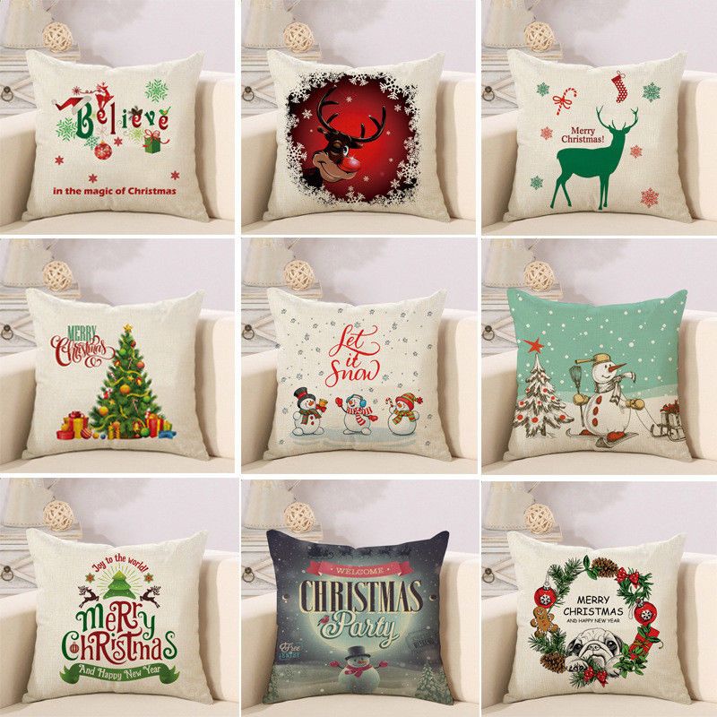 Christmas Pillow Case Santa Cotton Linen Sofa Car Throw Cushion Cover Home Decor