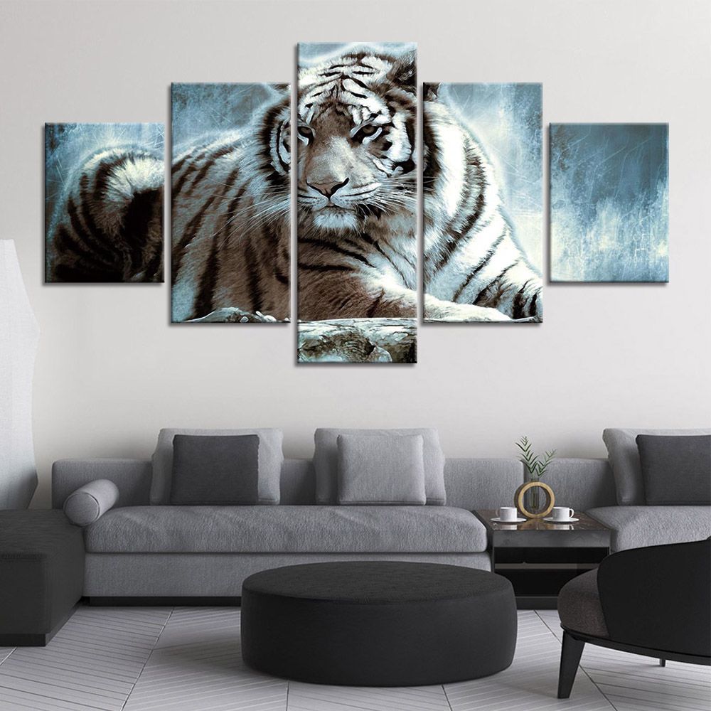 Angry Tiger Animal Shattered Glass 5 Panel Canvas Print Wall Art Painting Decor 