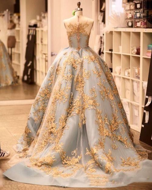 Michael Cinco 2019 Gold Lace Ball Gown 