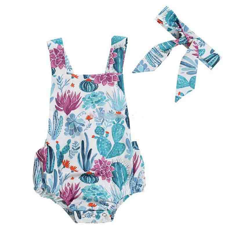 Infant Toddler Baby Girl Cactus Print One Piece Beachwear Swimsuit Headband